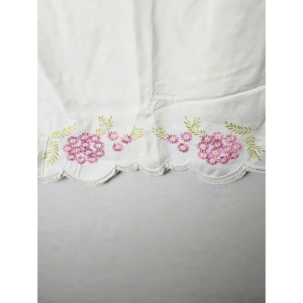 Vintage Hand Embroidered Pillowcase Scalloped Hem Cottagecore Farmhouse Floral